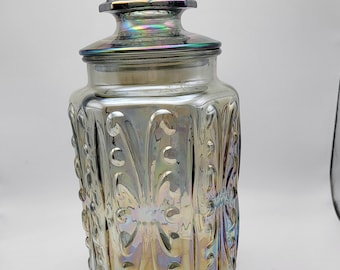 Vintage Indiana Glass Iridescent Canister Imperial Atterbury Scroll Rainbow Carnival Glass Jar