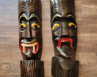 Large Handcarved and Handpainted Wood Tiki Masks