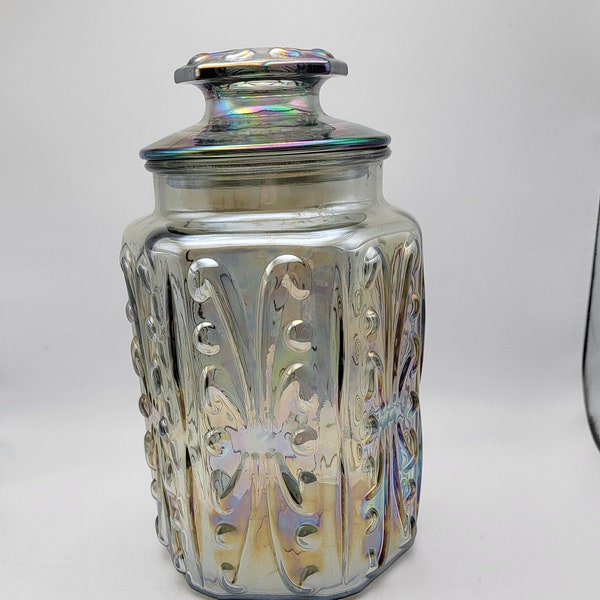 Vintage Indiana Glass Iridescent Canister Imperial Atterbury Scroll Rainbow Carnival Glass Jar