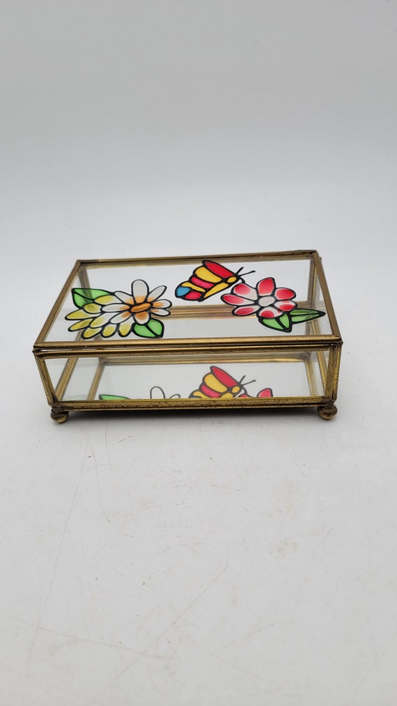 Vintage Stained glass hinged jewelry box Gem