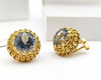 Vintage 18k Gold Blue Topaz Earrings, Filigree Design