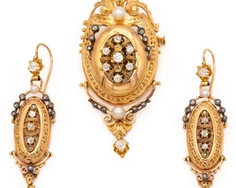 Antique Napoleon III 18k Gold Diamond Pearl Brooch Earring Set