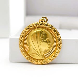 Vintage 18K Gold Virgin Mary Pendant, French Religious Medal