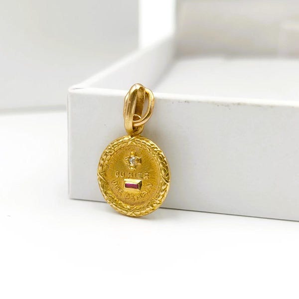 Augis Pendant, Medal + qu'hier - que demain, 18k Gold, Ruby, Vintage Pendant, Vintage Medal, Love Pendant, Love Charm,