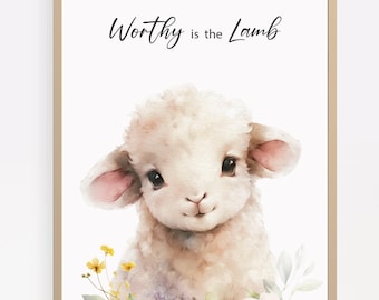 Worthy is the Lamb, Christian Kids Room Decor, Cute Easter Lamb Digital Art, Christian Easter Nursery Decor, Fun Easter Decor, Easter Gift