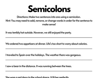 Semicolon English Language Worksheet PDF | Grammar and Punctuation Review