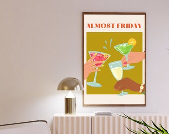 Retro Bar Cart Art Print | Almost Friday Print | Cocktail Bar Poster | Girls Night Poster | Digital Trendy Art Prints
