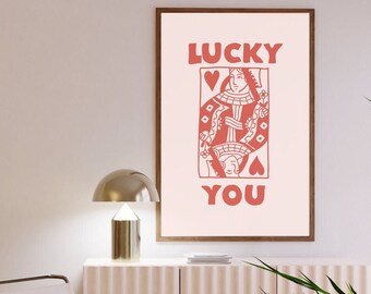 Lucky You 777 | Queen of Hearts Wall Art | Trendy Prints | Retro Posters | Red & Pink Funky Wall Art | Digital Download Decor Prints