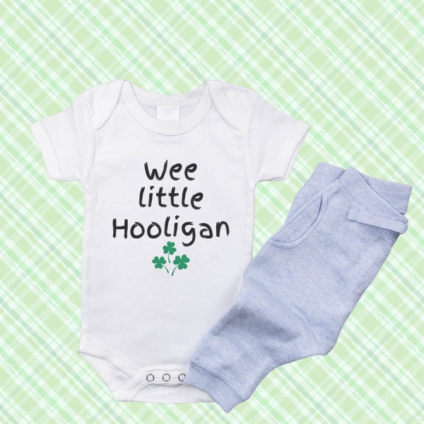 Wee Little Hooligan St. Patrick's Day Baby Bodysuit with Shamrock Accents, Baby clothing, Baby Shower Gift, Baby Announcement