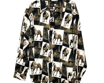 Vintage Cotton Traders-shirt met lange mouwen en sportpaardprint, knoopsluiting AOP NOS
