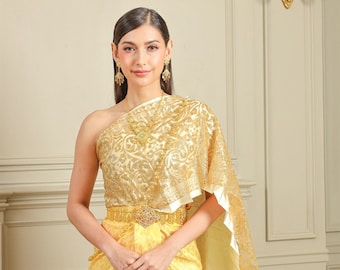 Gold Traditional Thai Dress. Sabai & Sinh Outfit Set. High-Quality Traditional Thai Clothing from Thailand.