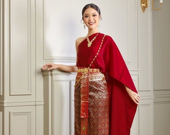 Red Traditional Thai Dress. Sabai & Silk Skirt Outfit Set. High-Quality Traditional Thai Clothing from Thailand.