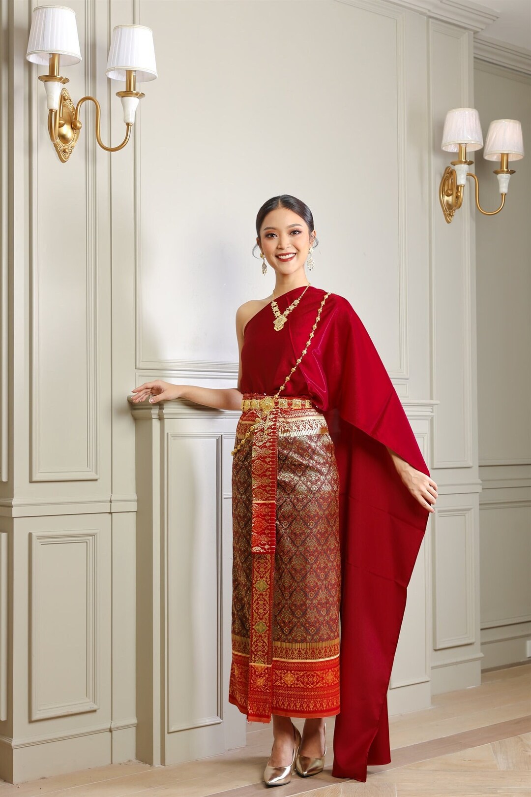 Red Traditional Thai Dress Sabai Silk Skirt Outfit Set High quality 