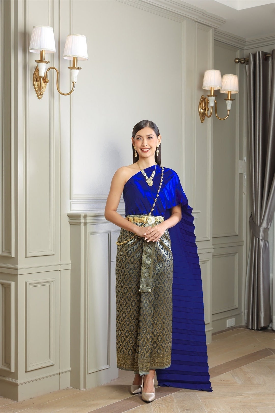 Royal Blue Traditional Thai Dress. Sabai & Sinh Outfit Set. High