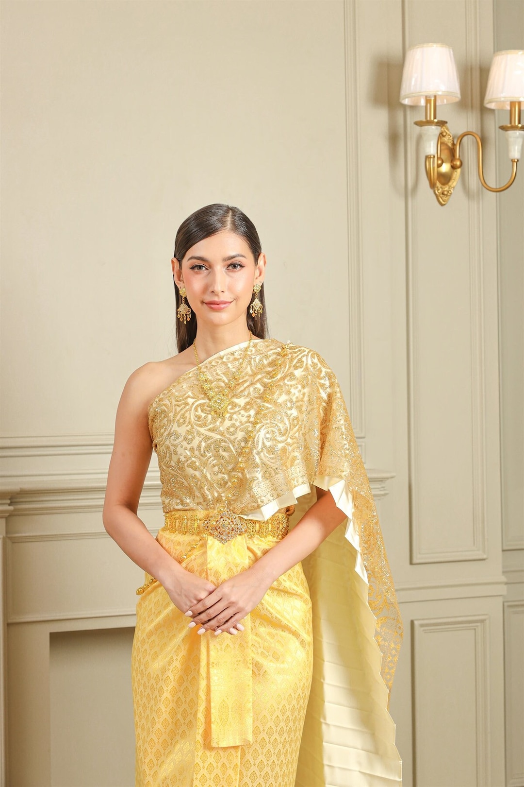gold thai dress Spotlight Shine Sequin Wrap Dress in Gold – Impressions Online Boutique main image 0