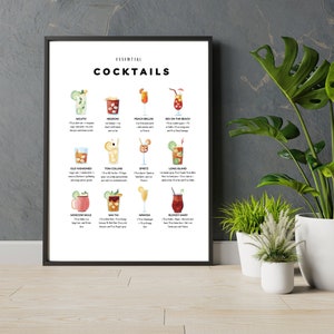 Classic Cocktails Poster, Cocktail Wall Art, Cocktail Sign, Bar Cart Decor, Birthday Gift Idea, Essential Recipes Guide Poster, Negroni, BAR