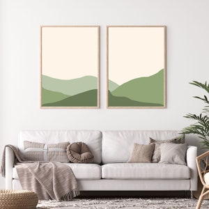 Boho Green Mountain Print Set of 2, Mid Century Modern Sage Green Art, Minimal Abstract Landscape, dorm Boho Gallery Wall Art, Poster, ART