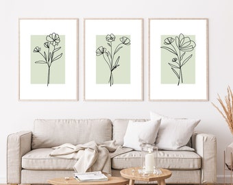 Botanical Line Art Prints, Sage Green Minimalist Decor (Digital Download)