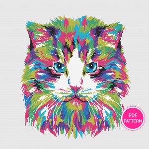 Painted Kitty Cross Stitch Pattern | Digital Art Cross Stitch | Counted Cross Stitch Chart | PDF Instant Download