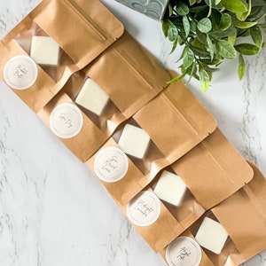 May include: Six brown paper bags with clear plastic windows containing small white wax melts. Each bag has a round label with a different scent name: "Bubble Bath", "Spa Day", "Sweet Cream", "Midnight Lavender", "Hazelnut Coffee", and "Apple Pie".
