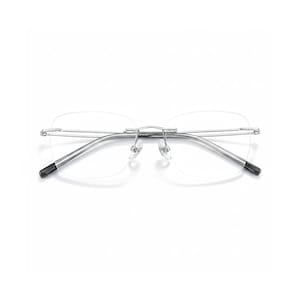 May include: Rimless eyeglasses with a silver metal frame and clear lenses. The glasses have a minimalist design with a bridge and nose pads. The temples are silver with black tips. The glasses are set against a white background.