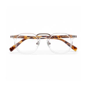 May include: Clear-framed eyeglasses with a round shape and brown tortoise shell arms. The glasses have a metal bridge and are designed for vision correction. The lenses are clear, and the overall style is modern and minimalist.