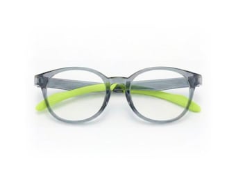 May include: Gray round-frame eyeglasses with bright green temples. The glasses have a modern design and are set against a white background. The lenses are clear.
