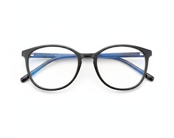May include: Black-framed eyeglasses with a round shape. The lenses are clear, and the frames are a solid black color. The glasses have a classic, minimalist design, suitable for everyday wear.