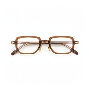 May include: Brown rectangular eyeglasses with a keyhole bridge and gold-coloured nose pads. The glasses have a subtle pattern on the frames. The design is classic and stylish, set against a white background.