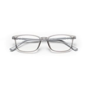 May include: A pair of gray eyeglasses with a rectangular frame and clear lenses. The glasses have a subtle, modern design with a light gray color. The arms of the glasses are also gray and have a geometric shape. The glasses are set against a white background.