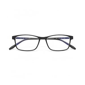 May include: Black rectangular eyeglasses with clear lenses. The glasses have a thin, matte black frame and temples. The lenses are set within the frame, and the arms of the glasses are angled slightly downward. The glasses are designed for vision correction.