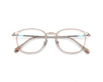 May include: A pair of round, light pink eyeglasses with a silver bridge and temples. The frames have a delicate, translucent appearance, and the lenses are clear. The earpieces have a teardrop shape. The glasses are set against a white background.