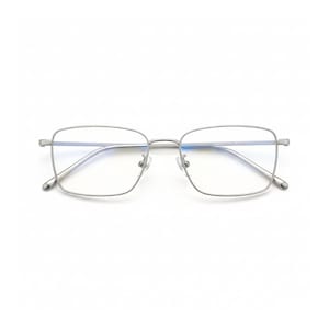 May include: Silver-framed spectacles with a square shape. The lenses are clear, and the frame is a thin, metallic silver. The glasses have a minimalist design, suitable for everyday use. The overall aesthetic is modern and sleek.