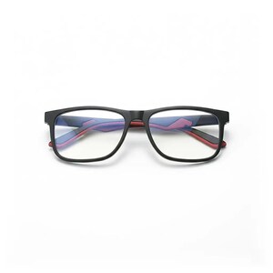 May include: Black rectangular eyeglasses with clear lenses. The frames have a matte finish and feature red and blue accents on the temples. The glasses are designed for everyday use and offer a modern aesthetic.