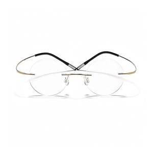 May include: Rimless eyeglasses with round lenses. The frames feature thin, black temples with gold-colored accents at the ends. The bridge is a thin, silver-colored metal. The glasses are set against a white background.