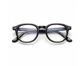 May include: Black, round-framed eyeglasses with a keyhole bridge and subtle gold accents on the temples. The lenses are clear, and the frames have a glossy finish. The glasses are set against a white background.