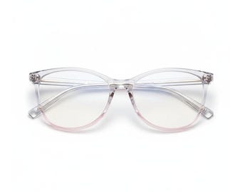 May include: Clear eyeglasses with a subtle pink gradient tint along the bottom of the frames. The glasses feature a rounded shape with thin, transparent temples and a bridge connecting the two lenses, providing a lightweight appearance.