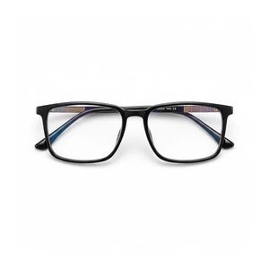 May include: Black rectangular eyeglasses with clear lenses. The frames are thick and have a modern design. The glasses are set against a white background.