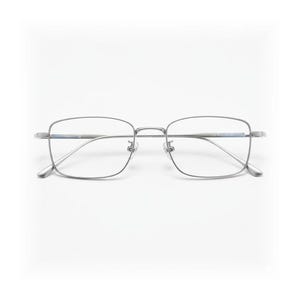 May include: Silver-coloured rectangular eyeglasses. The glasses feature a thin metal frame and clear lenses. The design is minimalist and modern, suitable for everyday use.