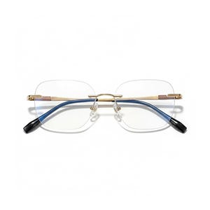 May include: Rimless eyeglasses with a gold-colored metal frame and blue temples. The lenses are clear and rectangular. The earpieces are black. The glasses are designed for vision correction.