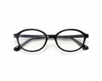 May include: Black, round-framed eyeglasses. The glasses have a classic design with a thick, glossy black frame and clear lenses. The arms of the glasses are also black and curve slightly to fit over the ears. The glasses are set against a white background.