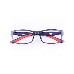 May include: Navy blue rectangular eyeglasses with red detailing. The glasses feature a classic design with a bridge and temples. The lenses are clear, and the frame has the measurements 53-16-140 printed on the side.
