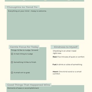 May include: A self-care journal page with the title "Moving Forward Slowly." It includes sections for mood, thoughts, gentle focus, kindness, and good things. The page is light green with black text.