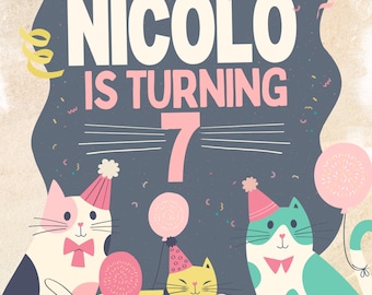 Invitación colorida a la fiesta de cumpleaños del gato lindo Tu historia