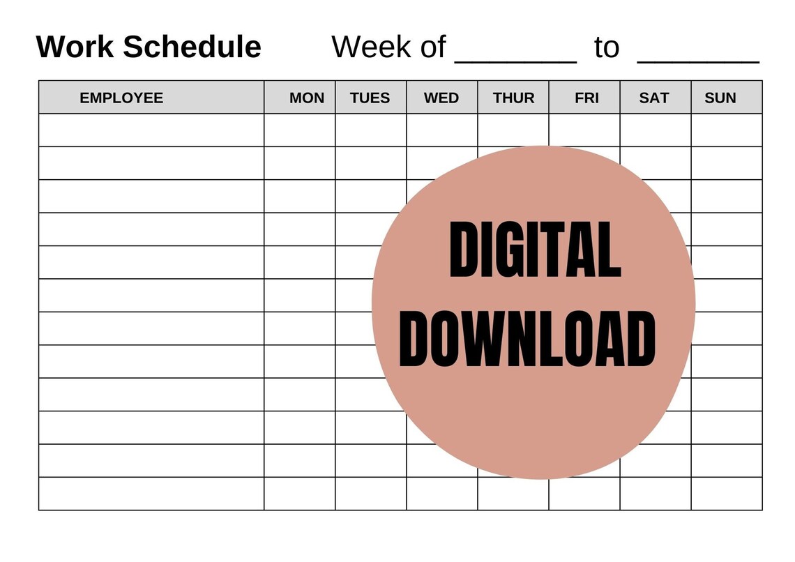 Printable PDF Employee Work Schedule. Digital Download Employee Time Sheet. Employee Schedule
