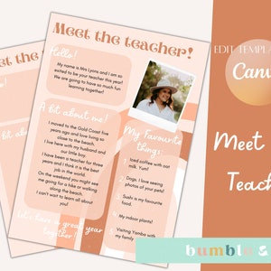Könnte beinhalten: Pfirsichfarbene, druckbare Vorlage "Meet the Teacher" mit dem Text "Meet the teacher!" und "Edit template on Canva." Enthält ein Foto, einen "Hallo!"-Abschnitt und einen Abschnitt "Meine Lieblingsdinge:".