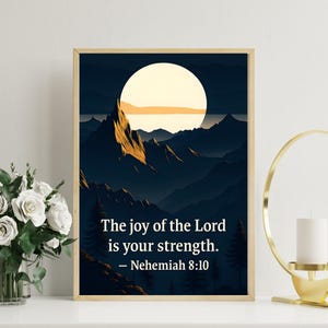 Joy of the Lord Poster – Aesthetic Christian Motivational Poster - Nehemiah 8:10 - Mountain Range - Minimalist Poster - Masculine Night