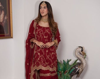 Red Sharara Suit with Sequence Embroidery, Beautiful Designer Salwar Kameez For Women, Lovely Boat Neck with Dupatta, Festive Wear
