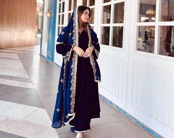 Designer Pakistani Royal Blue Straight Velvet Kurta Palazzo with Dupatta set, Long Velvet Winter Dress for women, 3 Pcs Salwar Kameez Women