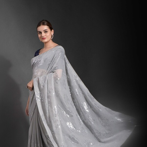 Sari de travail à paillettes, sari pour tenue de mariage gris, sari pour tenue de soirée, sari Bollywood, sari pour femme, tenues décontractées